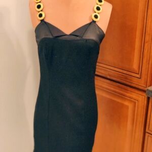 80s LBD mini tuxedo dress heavy metal straps slippery slick shiny Prom chic S